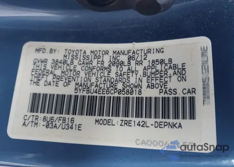2012 Toyota Corolla Le from USA, damaged, VIN 5YFBU4EE6CP058018